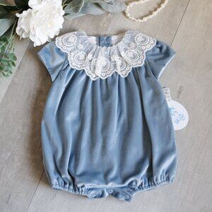 Blue Velvet Romper Vintage Lace Collar Boutique Fall Seasonal Portrait NWT